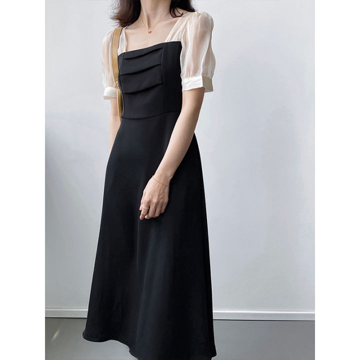 เดรสคอเหลี่ยมวินเทจฝรั่งเศสผู้หญิง-fish-blossom-sleeves-slim-fit-mid-waist-black-dress