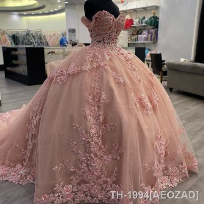 ∏┅☇ AEOZAD Vestido de baile rosa para meninas vestido Quinceanera vestidos festa baile flores 3D 15 anos