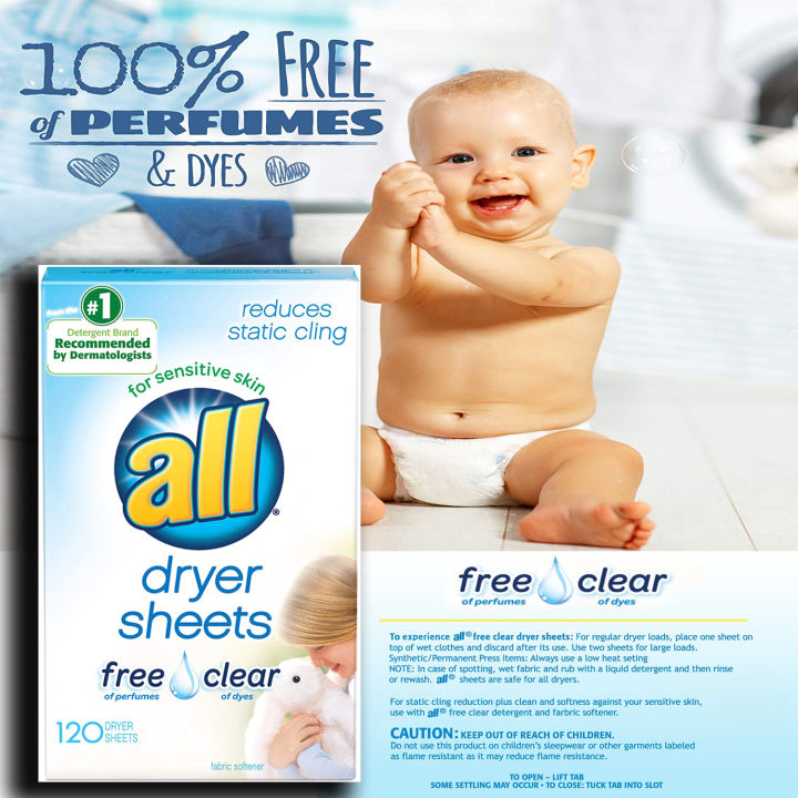 แผ่นหอมปรับผ้านุ่ม-all-fabric-softener-dryer-sheets-for-sensitive-skin-free-clear-120-count-ราคา-420-บาท