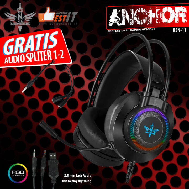 Headset Gaming RGB NYK Original HSN-11 Anchor Gratis Audio Spliter 1-2 ...