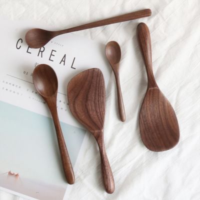 ❈▥ Black Walnut Wooden Tableware Spoon Honey Coffee Spoon Rice Spoon Creative Simple Kitchen Utensils Spoon with Long Handle