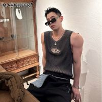 MAYCHEER   เสื้อกั๊กไม่มีแขนถักลายตัวอักษรโลหะระดับไฮเอนด์สำหรับผู้ชายเสื้อแขนกุดฤดูร้อน