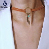 Women Leather Necklace With Leaf Pendant Geometric Round Clavicle Chain Jewelry Gifts【fast】