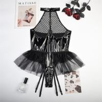 2023 Korean Women Underwear Sexy PU Patent Leather Mesh Splicing Neck Poncho Skirt Garter Bodysuit Clothes Perspective Lingerie Set