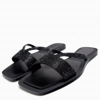 2023 TRAF ฤดูร้อน Rhinestone รองเท้าแตะสำหรับสตรีฤดูร้อนสีดำรองเท้าแตะ Squared Toe Flip-Flops รองเท้า Casual Beach รองเท้าแตะ