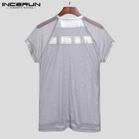 INCERUN Men Summer Shinny Mesh Transparent Short Sleeve Round Neck Soft Top