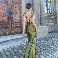 Elegant Green V-Neck Satin Jacquard Dress Womens Backless Sexy Maxi Dress Summer Ladies Robe Vintage Vestidos Female Clothing