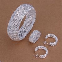 【lz】♝  Fine Weave Net Jewelry Set 925 Sterling Silver Bangle anéis brincos pulseiras presentes de Natal quentes moda festa