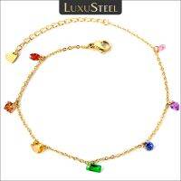 LUXUSTEEL Boho Sweet Colorful Cubic Zircon Anklets Stainless Steel Geometric Crystal Ankle Bracelet Womens Sandals Summer 2023