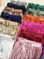 14-color spring summer satin pleated skirt pure color pearlescent drape high waist a-line skirts women belted long skirt elegant