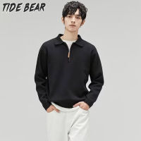 TIDE BEAR เสื้อยาวปิดถึงก้นเสื้อกันหนาวแบบบางสไตล์เสื้อโปโลแขนยาวทรงหลวมเสื้อสวมศีรษะมีซิปสำหรับผู้ชาย