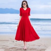 COD DSTGRTYTRUYUY Large Swing Skirt Dance Performance Summer Red Mid-Length Dancing Chiffon Dress Plus Size Long Over-Knee Vacation Beach