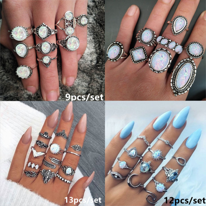 multi-สไตล์ผู้หญิง-retro-แหวนโลหะผสมชุดอัญมณีธรรมชาติแหวนโอปอลเครื่องประดับโบฮีเมียน