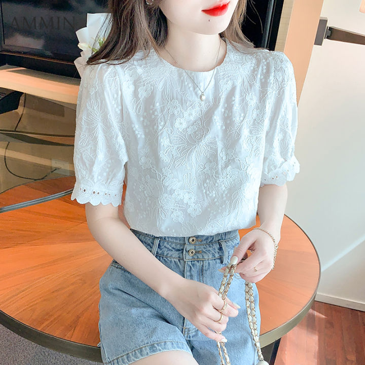 ammin-2023-summer-new-round-neck-short-sleeve-chiffon-shirt-womens-korean-style-embroidered-three-dimensional-flowers-sweet-puff-sleeves-white-elegant-blouse-female-ins-tops
