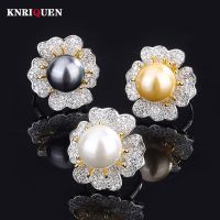 Vintage 14MM White Gold Pearl Flower Rings For Women High Carbon Diamond Cocktail Party Fine Jewelry Wedding Accessories Gifts