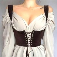 【LZ】﹉◎✺  Espartilho de couro gótico para mulheres top de renda bandagem preta suspensor underbust colete cami tanque de cintura cummerbund