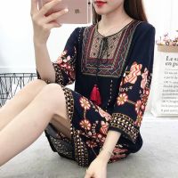 COD DSFGRDGHHHHH Bohemian Vintage Print Loose Embroidery Dress Women Summer Plus Size Casual Knee Length Dress Beach