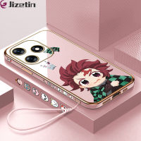 Jizetin สำหรับ Tecno Spark 10 Spark 10C ฟรีสายคล้องการ์ตูนอะนิเมะสังหารปีศาจ Tanjiriu เคสชุบขอบสี่เหลี่ยมลายเคสโทรศัพท์หรูหราชุบเคสโทรศัพท์นิ่ม