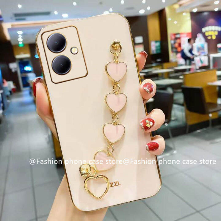 เคสโทรศัพท์-vivo-y27-4g-5g-2023-phone-case-เคส-vivo-y78-5g-หรูหราสีสันลูกกวาดเคสนิ่มซิลิโคนพร้อมสร้อยข้อมือรูปหัวใจ