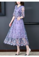 【YF】 2023 Womens Purple Silk Flower Embroidery Dress V-Neck Lace Mesh Patch Loose Large Size Slim Summer Thin Knee Long Gown