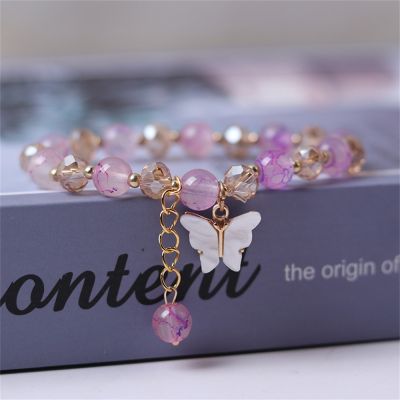 Fashion Butterfly Beaded Bracelets For Women Girls Imitation Jade Bohemian Crystal Charm Elastic Rope Bracelet Hand Jewelry