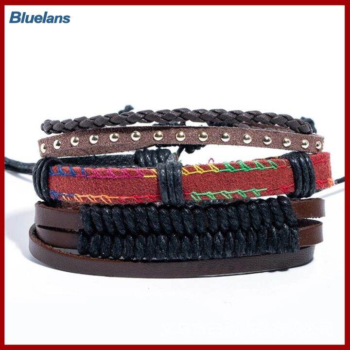 bluelans-4ชิ้น-เซ็ต-unisex-multi-layer-หนังเทียมถักเครื่องประดับสร้อยข้อมือกำไลของขวัญ