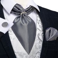 New Design Men Ascot Tie With Ring Silver Check Wedding Formal Cravat Silk Self British Style Neck Tie Handkerchief Set DiBanGu Nails Screws Fasteners