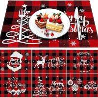 คริสต์มาส Placemats ใหม่สีแดงสีดำลายสก๊อต Placemats ย้อนกลับทนความร้อนคริสต์มาสตกแต่งบ้าน