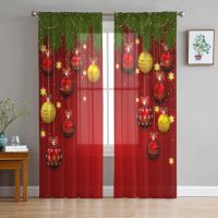 Christmas Balls And Fir Tree Branches Tulle Curtain For Living Room Bedroom Voile Sheer Curtains Kitchen Treatments Drapes