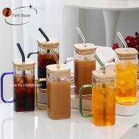 【CW】♂☋  350/600ML Mug With Lids and Straws Colored Handle Layer Drinking Glass Cups  Iced