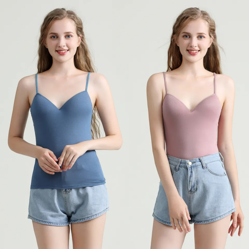 Women Padded Bra Tank Top Adjustable Strap Ladies Home wear Modal Cotton  Solid Color Vest Female Summer bottoming shirt Camisole Top Korean Style