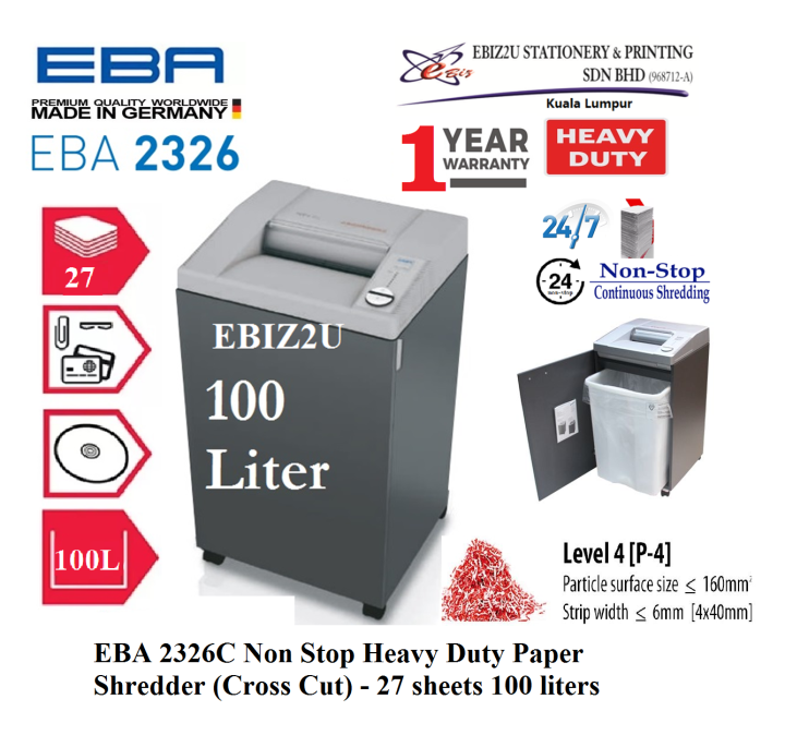 Eba 2326c Non Stop Heavy Duty Paper Shredder Cross Cut 27 Sheets