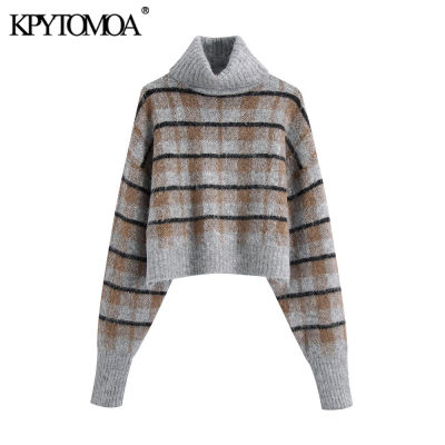 KPYTOMOA Women  Fashion Loose Check Cropped Knit Sweater Vintage High Neck Long Sleeve Female Pullovers Chic Tops