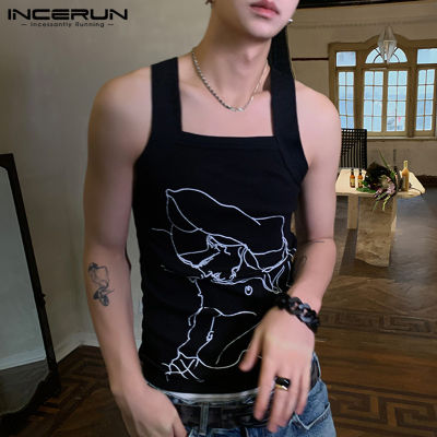 INCERUN เสื้อแขนกุดเสื้อลำลองผู้ชายแขนยาวสำหรับผู้ชายเสื้อเสื้อกั๊กมีปกสี่เหลี่ยมพิมพ์ลาย (สไตล์เกาหลี)