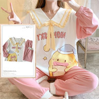 Lente Herfst Knuttted Vrouwen Pyjama Sets Matrozen Kraag Grappige Pjs Cartoon Eenden Nachtkleding Stippen Homewear Girl Pijama Mujer Pyjama