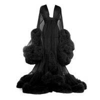 Old Hollywood Fuzzy Robe For Bed Time Flared Sleeve Tailing Dress Tulle Boudoir Robe Feather Bridal Robe