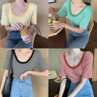 ?FC พร้อมส่ง?เสื้อยืดผ้าไหมพรมลายริ้วเล็ก คอกว้างแต่งขอบสี 4 สี แฟชั่น