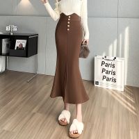 Limiguyue Long Brown Skirt Golden Buttons Trumpet Women Vintage Black Autumn Winter Elegant High Waist Skirts With Velvet