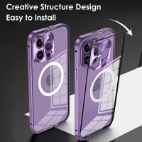 Magnetic Metal Phone Case For Iphone 13 12 14 Pro Max Plus Aluminum Frame Transparent Back Cover For Samsung S23 S22 Ultra Plus