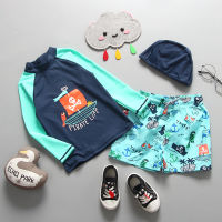 Childrens Swimwear 2-9 Years Swimsuit With Cap Long Sleeve UPF50+ Kids Cartoon Toddler Baby Boy Sunbathing Swimsuits