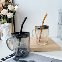 [COD] Glass cup with straw Mickey style water coffee office men and women home handle drinking