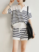 Summer Women Stripe Knitted Suit Tracksuit Shorts &amp; Short Sleeve Pullover Female Fashion Shorts Suit