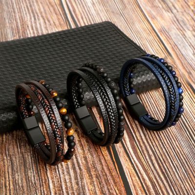 Classic 4-Layer Tiger Eye Stone Hand-Woven Leather Bracelets For Men Punk Fashion Alloy Magnetic Buckle Casual Bracelet Jewelry
