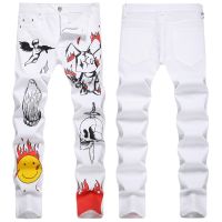 COOL Spot 2023 Spring New Mens White Jeans Elastic Fashion Slim Fit Print Dyed Mid Waist Pants