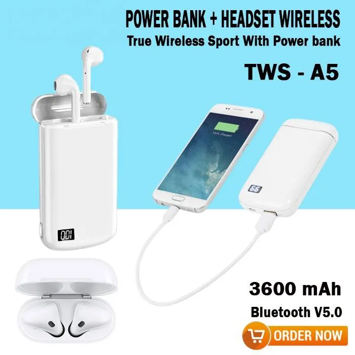 Headset Bluetooth Stereo With Power Bank TWS A5 Power Digital