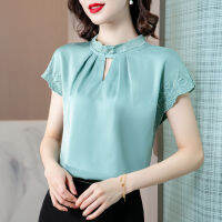 Short Sleeve Silk Blouse Summer Fashion Stand Collar Embroidered Top Loose High End Satin Top Womens New Style