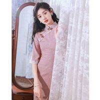 สีชมพู Cheongsam ผู้หญิงฤดูร้อน2022ที่สง่างาม Qipao ใหม่ Inverted แขนใหญ่หนุ่มสีชมพูอารมณ์ระดับไฮเอนด์ชุดจีน