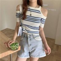 ☏☋ F L❥( -)Off Shoulder Round Neck Stripe Short Sleeve Knitwear Womens Summer New South Korean Loose Slim Versatile Top