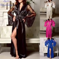 คนรักการ®ผู้หญิงเซ็กซี่ลูกไม้แขนยาว Silky Kimono Robe ชุดนอน Nightgown ชุดเสื้อคลุมอาบน้ำ