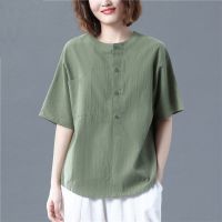 COD DSFDGDFFGHH All cotton short sleeved T-shirt womens literary and artistic retro loose large womens c全棉短袖T恤女文艺复古宽松大码女装显瘦百搭亚麻衬衫减龄上衣